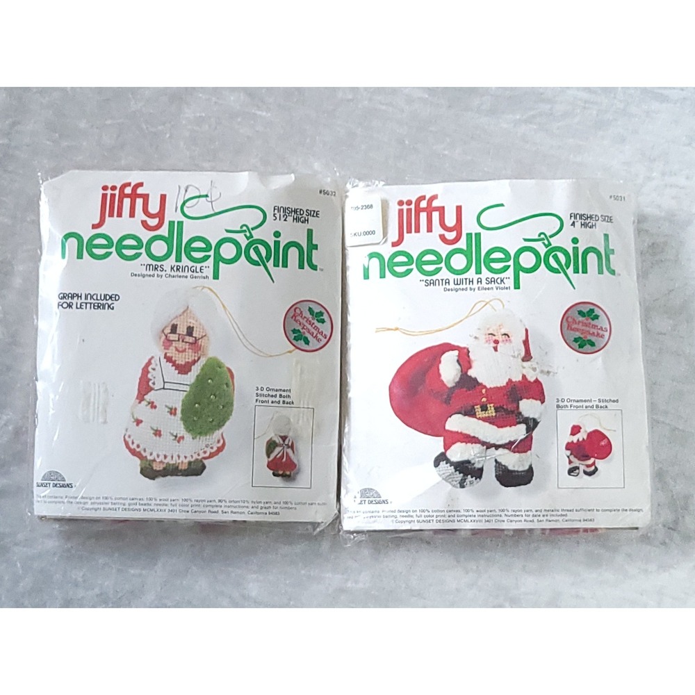 Vtg Jiffy Needlepoint Santa & Mrs Claus Ornament Kit Set Sunset Designs Kringle